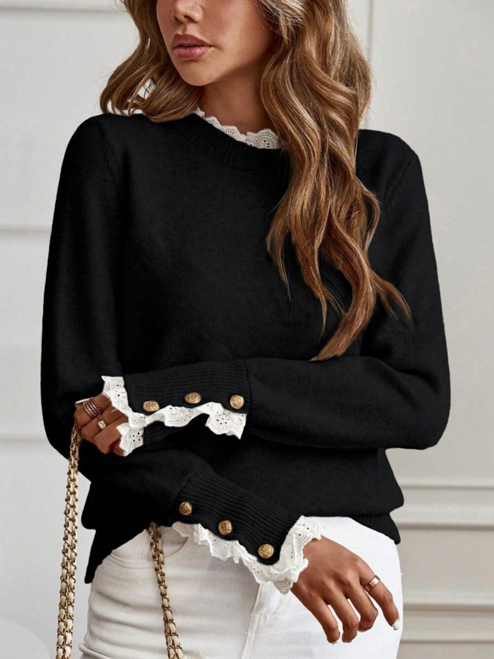 Black Women's Casual Lace Trim Round Neck Long Sleeve Sweater - Picture 6 of 6